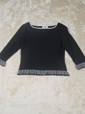 Linq Black Boatneck Long-Sleeve Top with White Trim and Ruffle Hem